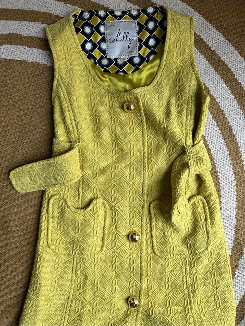 Milly Yellow Textured Sleeveless Dress with Belt - Picture 3 of 13
